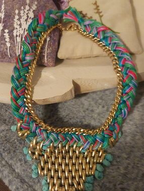 Braided Multicolor Statement Necklace with Gold Chain